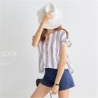 Open-placket Cap-sleeve Stripe Shirt