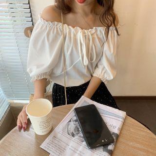 Off Shoulder Plain Drawstring Oversized Blouse