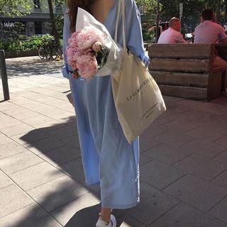 Long-sleeve Maxi Shirt Dress Light Sky Blue - One Size