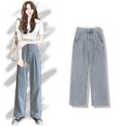 High-waist Washed Lace Straight-cut Jeans