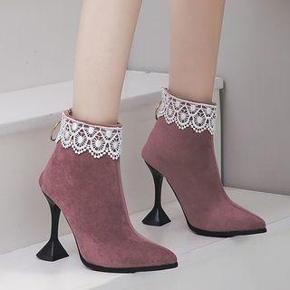 Lace Trim Pointy-toe High-heel Short Boots