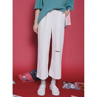 Plain Ripped Cropped Wide-leg Pants