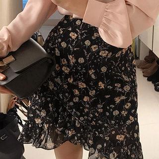 Flounced Floral Chiffon Wrap Miniskirt