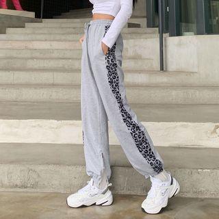 Leopard Print Panel Sweatpants Gray - M