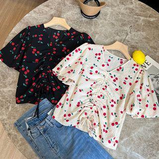 Puff-sleeve V-neck Cherry Print Drawstring Top