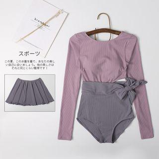 Set: Long-sleeve Two-tone Swimsuit + Swim Skirt