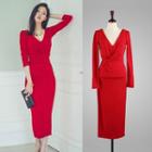 Long-sleeve Knotted Front Midi Sheath Dress