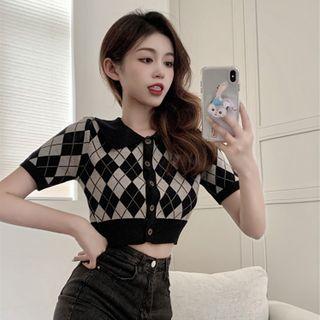 Short-sleeve Argyle Knit Top / Denim Mini Pencil Skirt