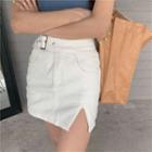 Slit Denim Mini Straight-fit Skirt