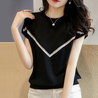 Short-sleeve Contrast Striped Knit Top Black - One Size
