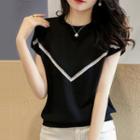 Short-sleeve Contrast Striped Knit Top Black - One Size