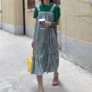 Set: Short-sleeve Top + Strappy Plaid A-line Midi Dress