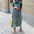 Set: Short-sleeve Top + Strappy Plaid A-line Midi Dress
