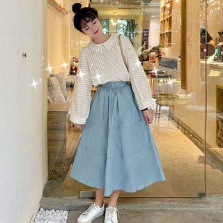 Striped Long Blouse/ Plain Midi A-line Skirt