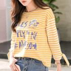 Lettering Striped 3/4-sleeve T-shirt