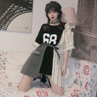 Asymmetric Short-sleeve Panel Tie-waist T-shirt Dress