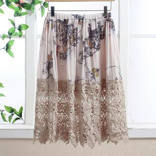 Lace Panel Printed Midi Skirt