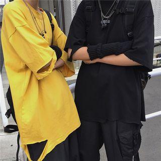 Couple Matching Ripped Elbow-sleeve T-shirt