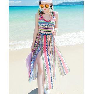 Set: Patterned Bikini + Slit Midi Sundress