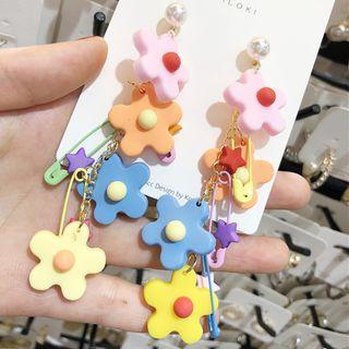 Faux Pearl Acrylic Flower Safety Pin Fringed Earring 1 Pair - As Shown In Figure - One Size
