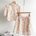 Mandarin Collar Print Cropped Blouse / Mini A-line Skirt