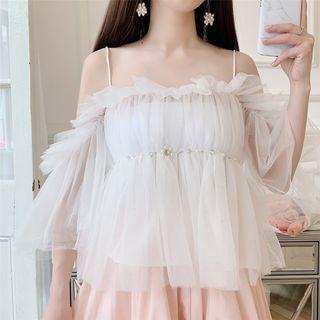3/4-sleeve Cold Shoulder Ruffled Mesh Top