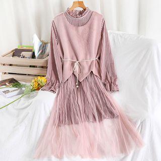 Mesh Overlay Long-sleeve Midi A-line Velvet Dress / Vest