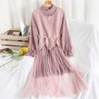 Mesh Overlay Long-sleeve Midi A-line Velvet Dress / Vest
