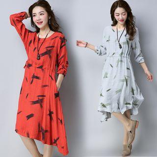 Long-sleeved Floral Print A-line Cotton Sheath Dress