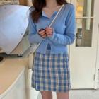 Spaghetti Strap Plaid Mini Sheath Dress / Mini Pencil Skirt / Plain Cardigan