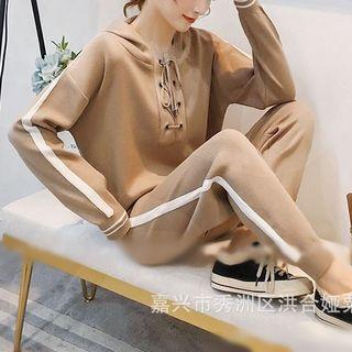 Set: Contrast Trim Lace-up Hooded Sweater + Sweatpants