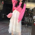 Set: Sweatshirt + Tiered Midi Skirt Sweatshirt - Pink - One Size / Skirt - White - One Size