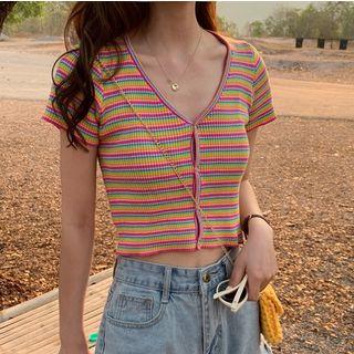 V-neck Striped Cropped Short-sleeve T-shirt As Shown In Figure - One Size