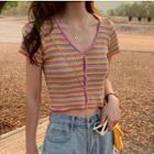 V-neck Striped Cropped Short-sleeve T-shirt As Shown In Figure - One Size
