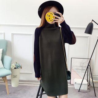 Color Panel Mock Neck Long-sleeve Knitted Dress