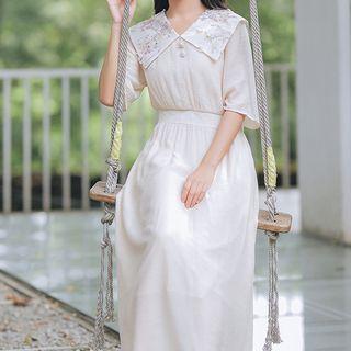 Elbow-sleeve Floral Wide Collar A-line Midi Dress