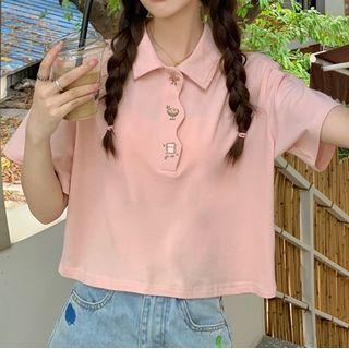 Short-sleeve Embroidered Polo Collar Top