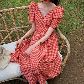 Short-sleeve Plaid Midi A-line Wrap Dress