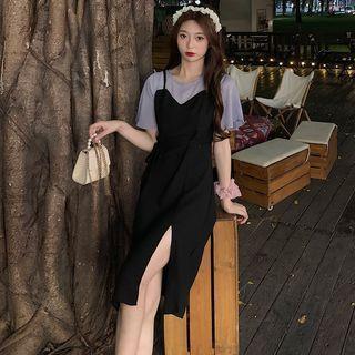 Mock Two-piece Short-sleeve Side-slit Dress