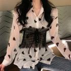 Heart Print Lace-up Long-sleeve Blouse As Shown In Figure - One Size