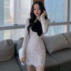 Long-sleeve Bow Accent Lace Cutout Mini Sheath Dress