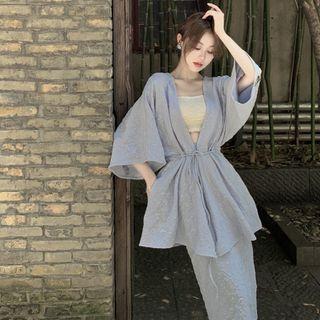 Embossed Open-front Cardigan With Sash / Elastic High-waist Midi Skirt