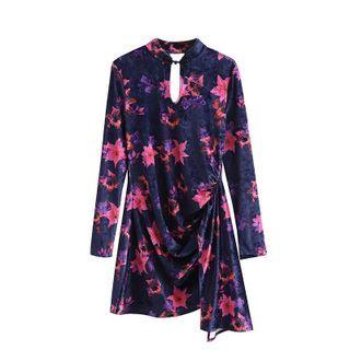 Long-sleeve Print Mini A-line Dress Pink Flowers - Dark Blue - L