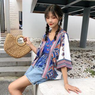 3/4-sleeve Patterned Light Jacket / Fringed Copped Tank Top / Set