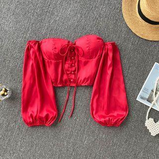 Off-shoulder Puff-sleeve Lace-up Strap Top