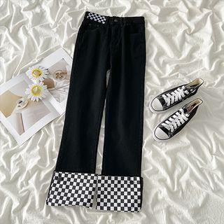 Mid Rise Checkerboard Panel Straight Leg Jeans