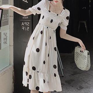 Ruffle Hem Dotted Ruched Midi Dress