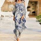 3/4-sleeve Cold Shoulder Abstract Print Midi Dress