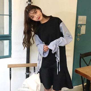 Striped Bell-sleeve Ruffle Hem Pullover Dress