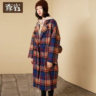 Fray Hem Plaid Woolen Coat